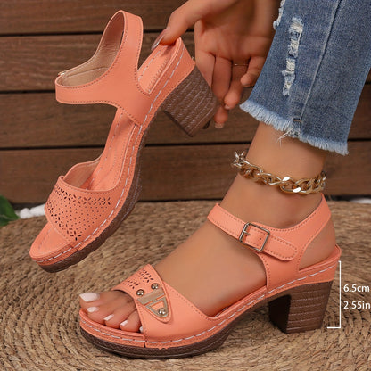 Women's Chunky Heel Sandals, Fashionable Open-Toe High Heels, Fashionable Hollow Design High Heels