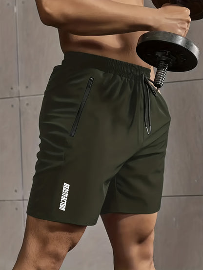 Men's Solid Shorts With Zipper Pockets, Active Elastic Waist Drawstring Shorts For Summer Outdoor Fitness