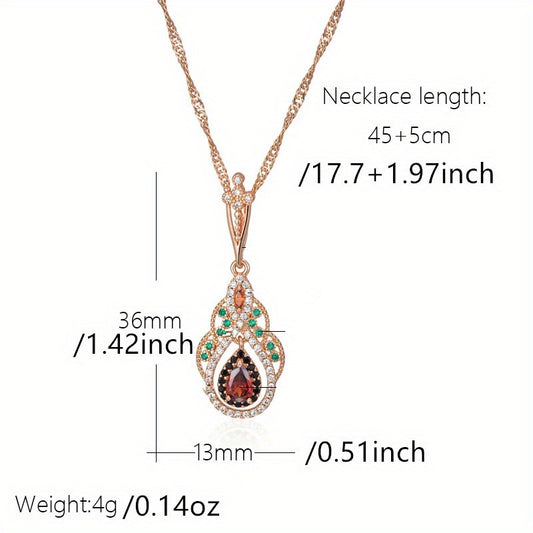 1pc Golden Color Love Heart Flower Pendant Necklace for Women Teardrop Cut Red Stone Accessories Vintage Jewelry for pretend play, Perfect for Winter, New Year