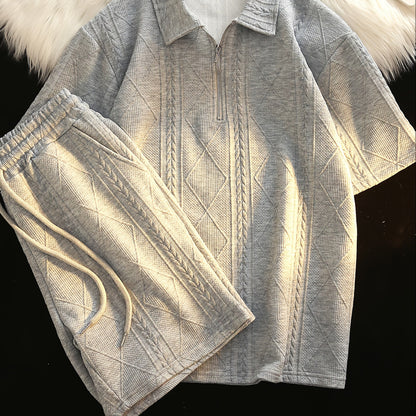 Retro Style 2pcs Men's Casual Summer Outfit Suits, Geometric Pattern Design Short Sleeve Lapel Shirt Top And Shorts Suit