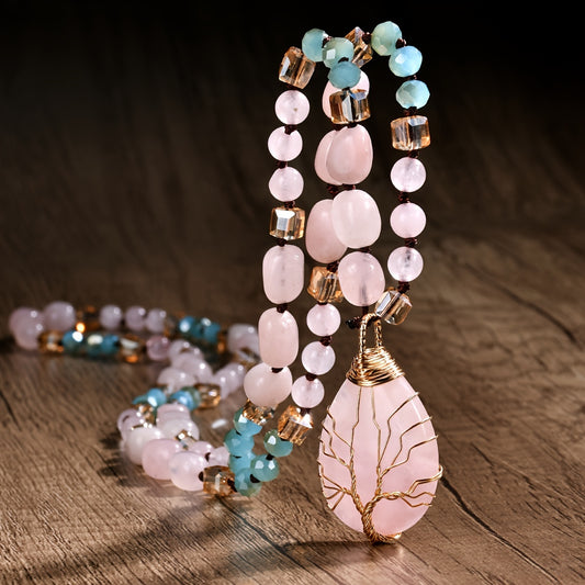 A Long Necklace Made of Natural Pink Crystal with a Teardrop Pendant, Featuring a Bohemian Vintage Style, Perfect for Everyday Wear, Vacations, And As a Gift for Friends Or Loved Ones. It'S a Crystal.