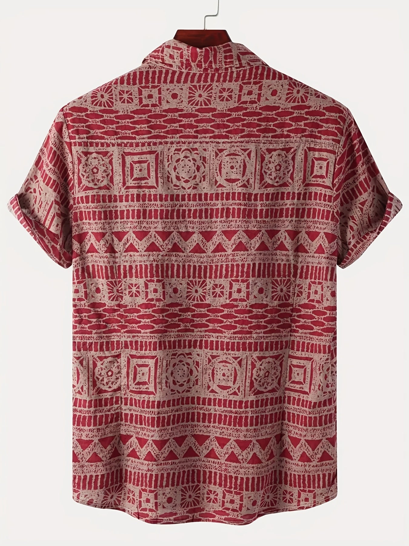 Men's Casual Short-Sleeve Button-Up Shirt with Vibrant Red & White Geometric Print - Lightweight Polyester, Machine Washable, Perfect for Summer Outings, Relaxed Fit Shirt | Ethnic Print Shirt | Polyester Fabric