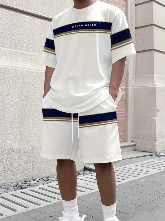 Men'S Athletic T-Shirt & Shorts Set - Navy Blue & White, Drawstring Waist, Sleeveless, Summer Sportswear, Casual Attire|Sporty Look|Comfortable Fi
