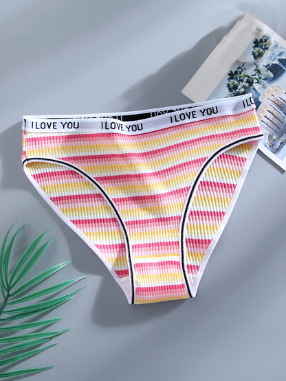 10pcs Women's Colorful Striped Low-Rise Briefs - Breathable Blend with Elastic Waistband, \