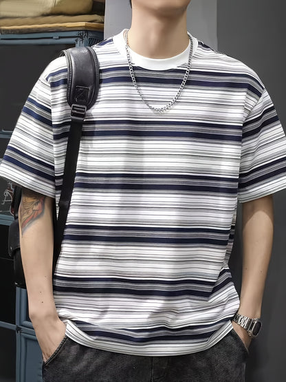 Men'S Summer Casual Striped T-Shirt, Crew Neck, Loose Fit, Polyester 95% Spandex 5%, Medium Stretch Knit Fabric, 180gsm - Fashionable Tee for Men