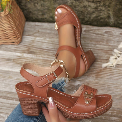 Women's Chunky Heel Sandals, Fashionable Open-Toe High Heels, Fashionable Hollow Design High Heels