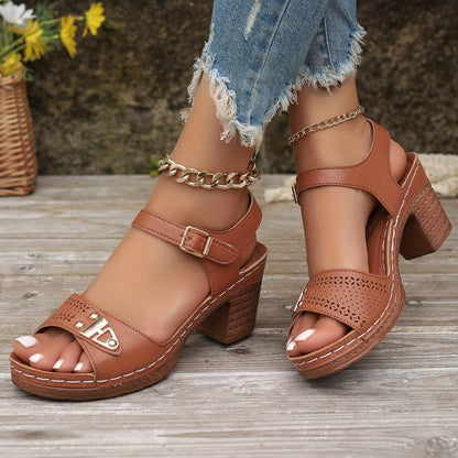 Women's Chunky Heel Sandals, Fashionable Open-Toe High Heels, Fashionable Hollow Design High Heels