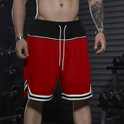 Men's Color Block Striped Shorts With Pockets, Active Elastic Waist Drawstring Shorts For Summer Fitness