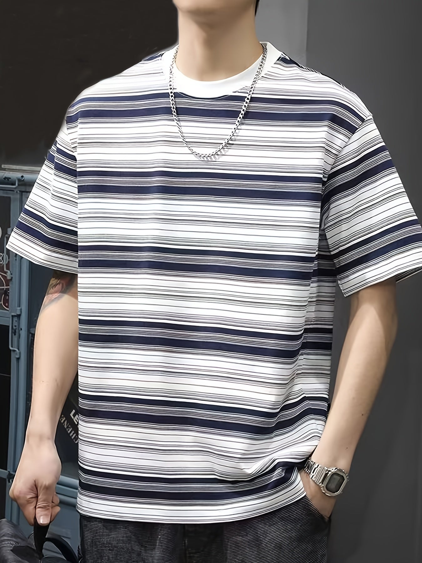 Men'S Summer Casual Striped T-Shirt, Crew Neck, Loose Fit, Polyester 95% Spandex 5%, Medium Stretch Knit Fabric, 180gsm - Fashionable Tee for Men