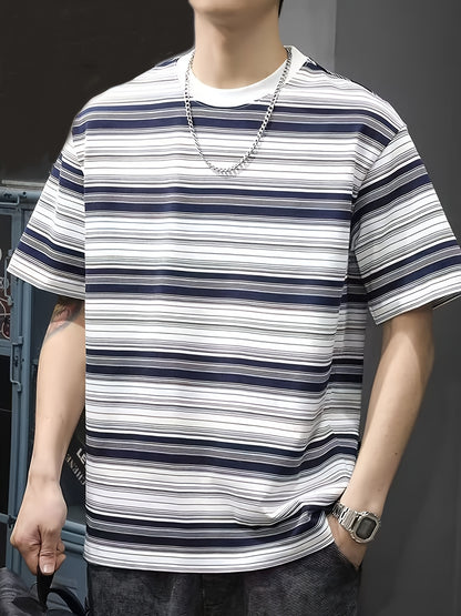 Men'S Summer Casual Striped T-Shirt, Crew Neck, Loose Fit, Polyester 95% Spandex 5%, Medium Stretch Knit Fabric, 180gsm - Fashionable Tee for Men