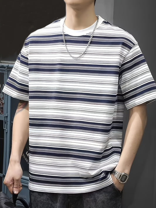 Men'S Summer Casual Striped T-Shirt, Crew Neck, Loose Fit, Polyester 95% Spandex 5%, Medium Stretch Knit Fabric, 180gsm - Fashionable Tee for Men