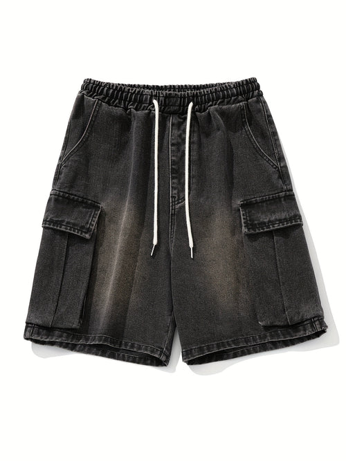 Men's Casual Denim Shorts with Side Pockets - Loose Fit, Drawstring Waist, Cotton Blend, Summer Streetwear