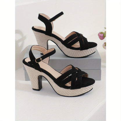 Women's Black Open-Toe Chunky Heel Sandals with Adjustable Ankle Strap & Buckle Closure - Breathable Fabric Upper, Cushioned Insole, Durable Rubber Sole for Casual & Formal Occasions, High Heel Sandals