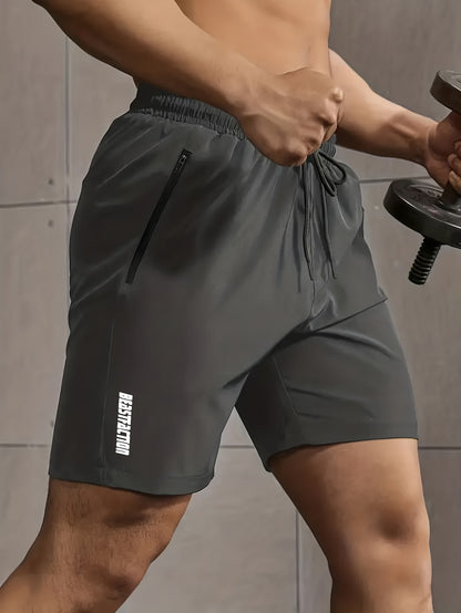 Men's Solid Shorts With Zipper Pockets, Active Elastic Waist Drawstring Shorts For Summer Outdoor Fitness