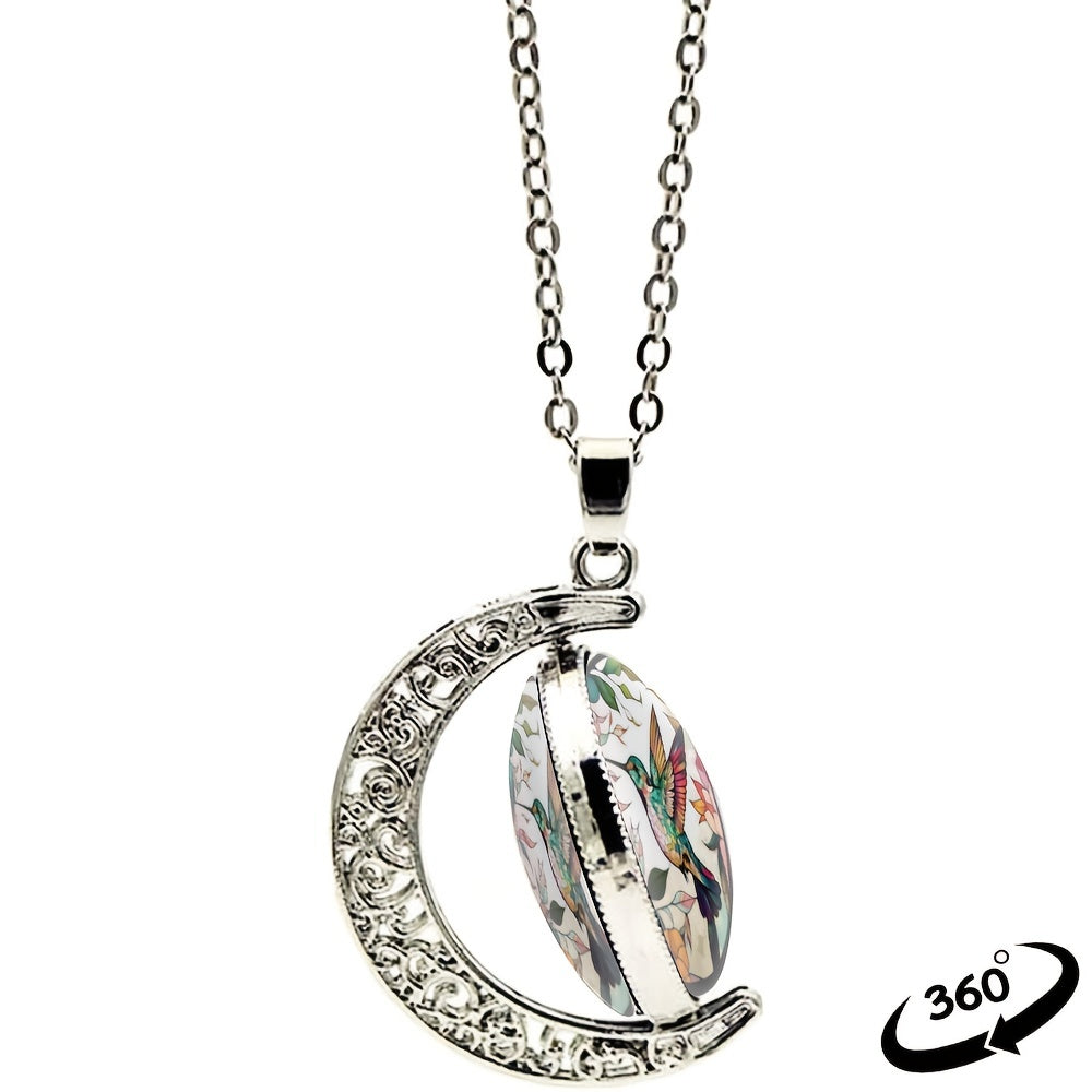 Elegant Fashion Colorful Hummingbird Crescent Half Moon 360° Rotation Round Crystal Pendant Necklace Creative Men Women Jewelry Gifts