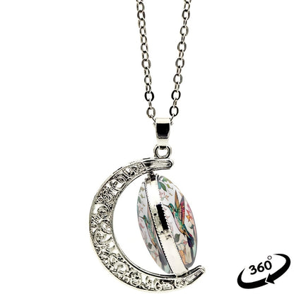 Elegant Fashion Colorful Hummingbird Crescent Half Moon 360° Rotation Round Crystal Pendant Necklace Creative Men Women Jewelry Gifts