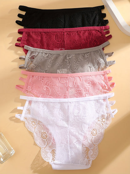 5pcs Women'S Solid Color Lace Trim Fashion Hollow Triangle Briefs, Polyester, Sexy, Knit Fabric, 180g\u002Fm², with Contrast Lace for Women