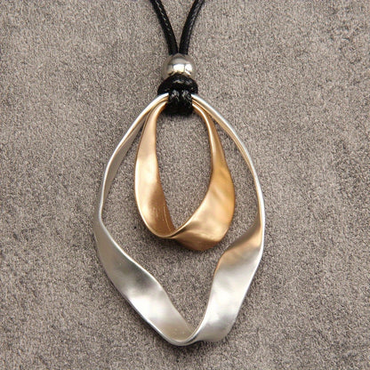 Elegant Twisted Texture Water Drop Pendant Necklace in Golden and Silvery with Black Rope, Zinc Alloy, Perfect Gift for Girlfriend, Suitable for Daily Wear and Special Occasions, Necklace