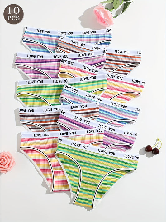 10-Pack Women's Cotton Briefs - Elastic Rainbow Stripe Pattern, Comfortable Ribbed Waistband, Simple Style Knit Fabric Underwear