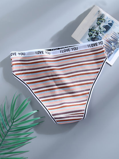 10pcs Women's Colorful Striped Low-Rise Briefs - Breathable Blend with Elastic Waistband, \