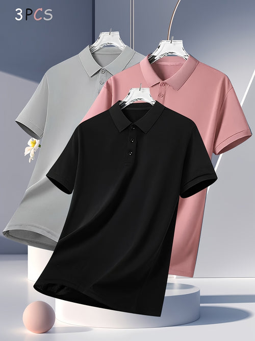 3pcs Men's Summer Shirts - Breathable Short Sleeve Casual & Business Casual Tops with Classic Collar, Loose Fit, Solid Color (Navy\u002FOlive\u002FBlack) - 2025 Trending Styles
