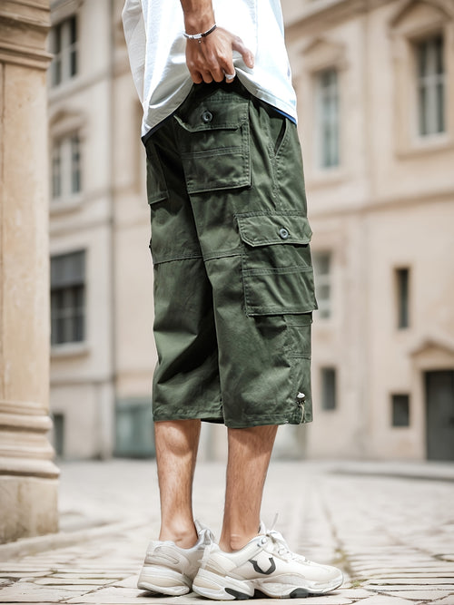 Men'S Outdoor Casual Cargo Shorts with Multiple Pockets, Knee-Length, Featuring an Elastic Waistband And Button Closure, Suitable for Outdoor Adventures, Fishing, Hiking, And Various Outdoor Activities.