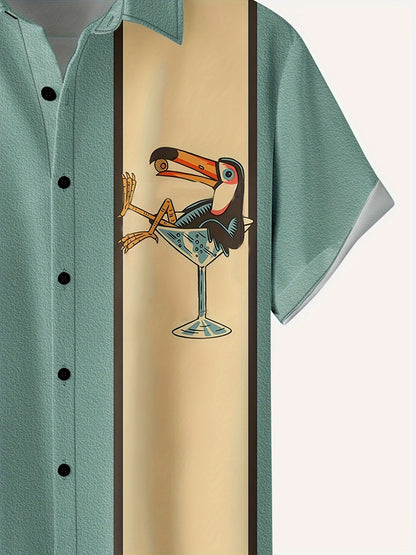 Men'S Casual Short Sleeve Shirt with Cocktail Glass Bird Print, Striped and Beige Design, Button-Up Collared Summer Top for Casual Attire, Leisure Clothing|Trendy Casual Style|Stylish Casualwear