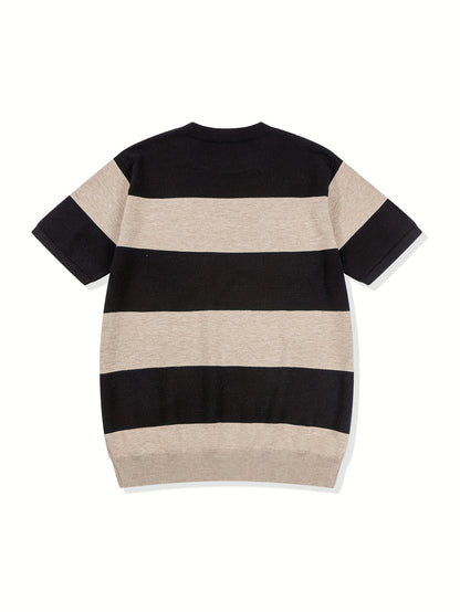 Men'S Premium Striped Color-Blocked Lightweight Knitted Short-Sleeve Shirt 490