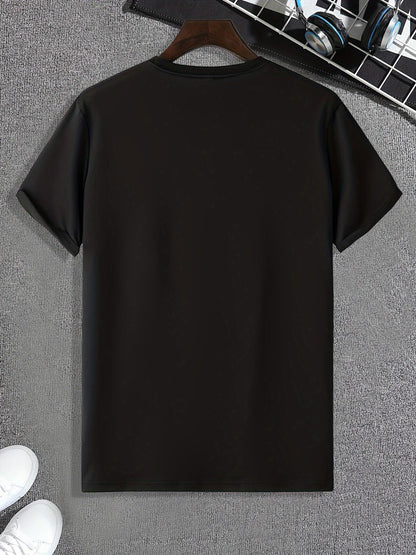 1pc Men'S Fashion Casual Crew Neck T-Shirt, 100% Polyester Knit Fabric, Slight Stretch, Alphabet Pattern, Summer Short Sleeve Tee