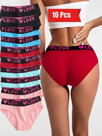 10-Pack Elegant Cotton Briefs for Women, Mid-Rise Comfortable Breathable Underwear with Wide Elastic Waistband, Assorted Alphabet Patterns