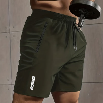 Men's Solid Shorts With Zipper Pockets, Active Elastic Waist Drawstring Shorts For Summer Outdoor Fitness