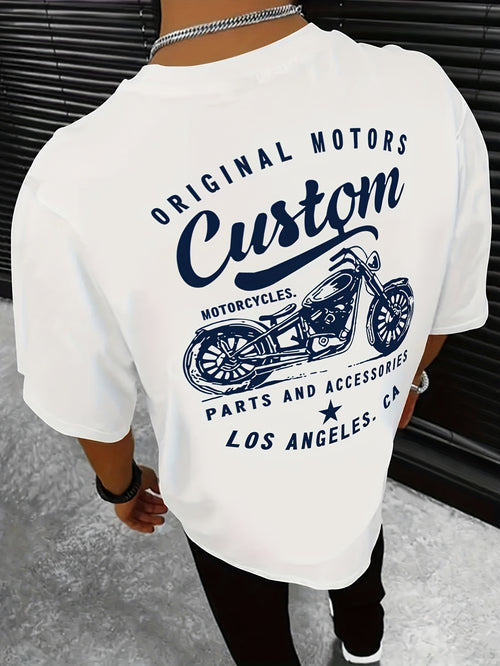Men's Original Motorcycles Graphic T-Shirt - Casual Street Style Short Sleeve Crewneck Tee, White with Blue Print, Polyester Blend, Los Angeles Parts & Accessories Design
